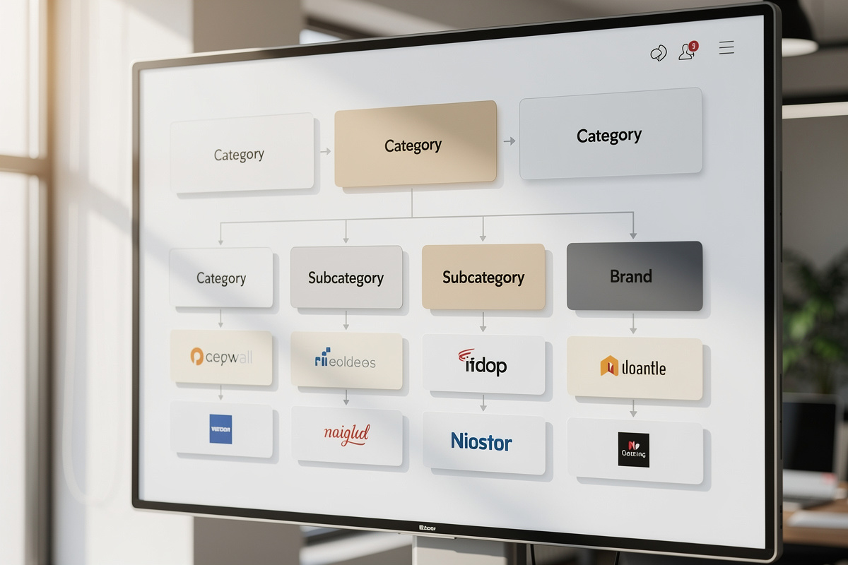 Taxonomie e-commerce claire avec catégories, sous-catégories et marques organisées