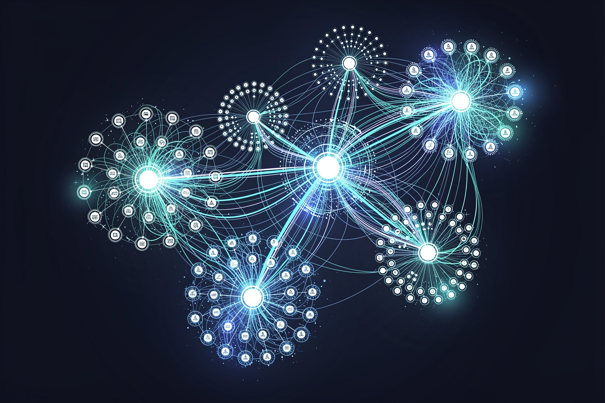 Visualisation du maillage interne d'un site web avec nœuds interconnectés représentant les liens entre pages