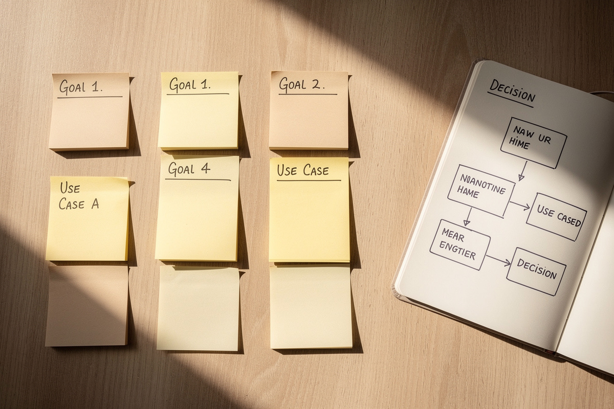 Méthode de comparatif par cas d'usage : post-its organisés par objectif SEO sur un bureau en bois