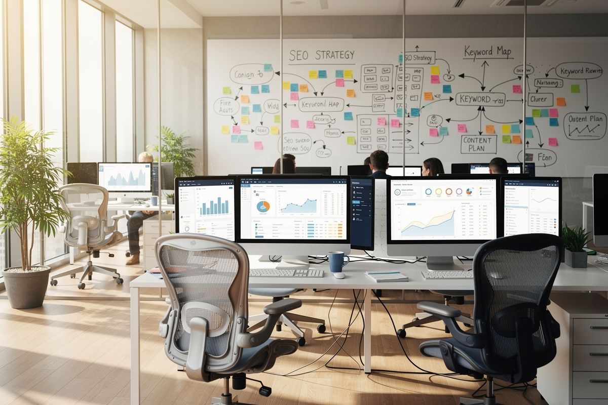 Open space d'une agence SEO avec équipe projet et tableaux de bord d'audit de sites web
