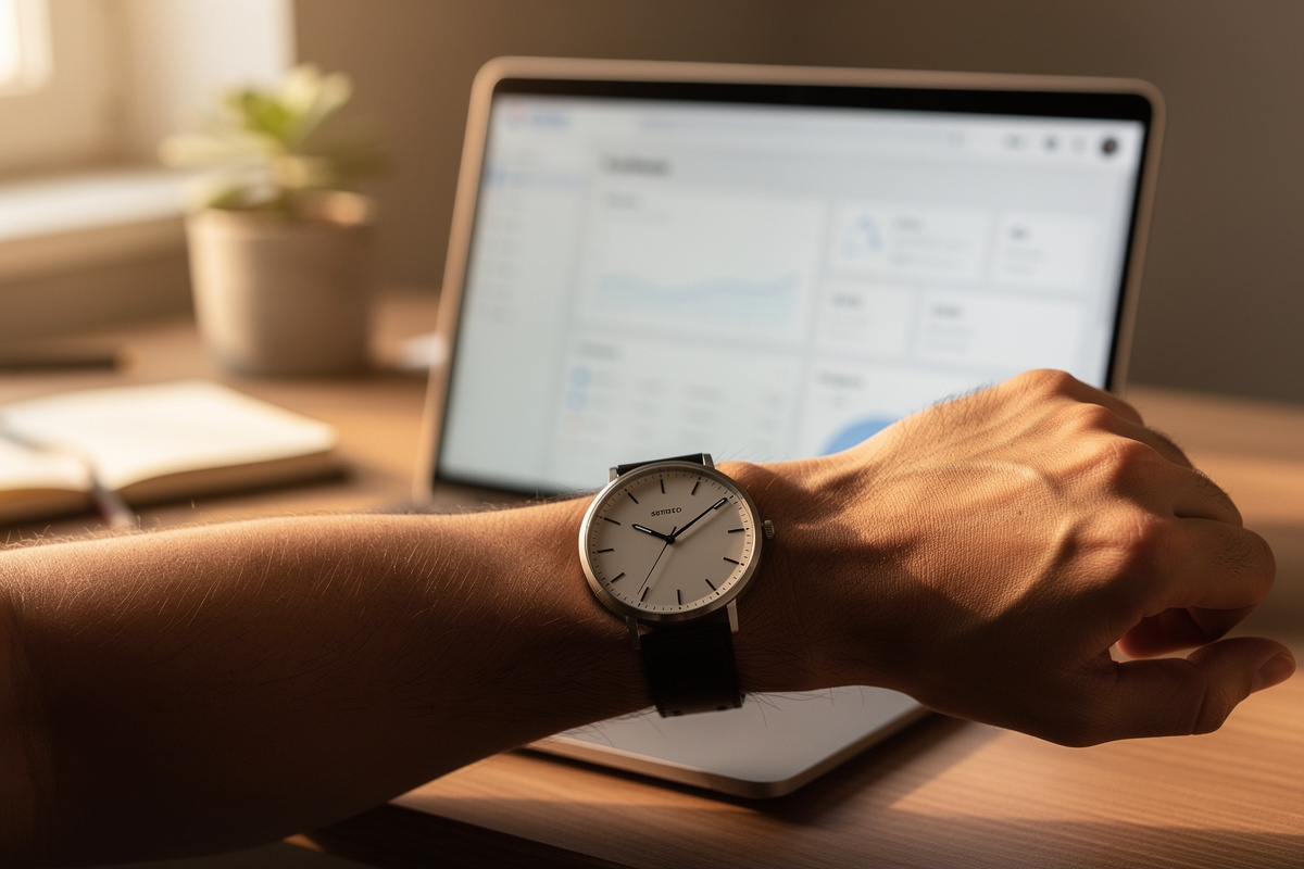 Configurer Google Search Console en moins de 10 minutes chrono, montre au poignet devant un écran de configuration