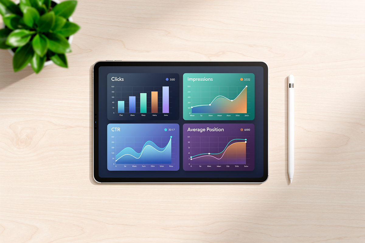 Rapport de performance Search Console : impressions, clics, CTR et position moyenne illustrés sous forme de graphiques