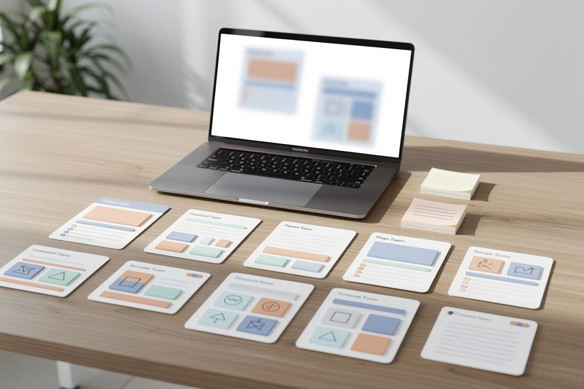 Bureau de travail avec templates de meta description seo pour plusieurs types de pages