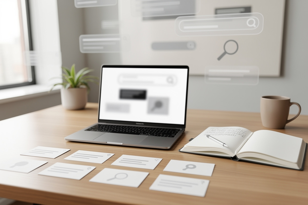 Espace de travail illustrant une FAQ sur la meta description seo et la longueur idéale