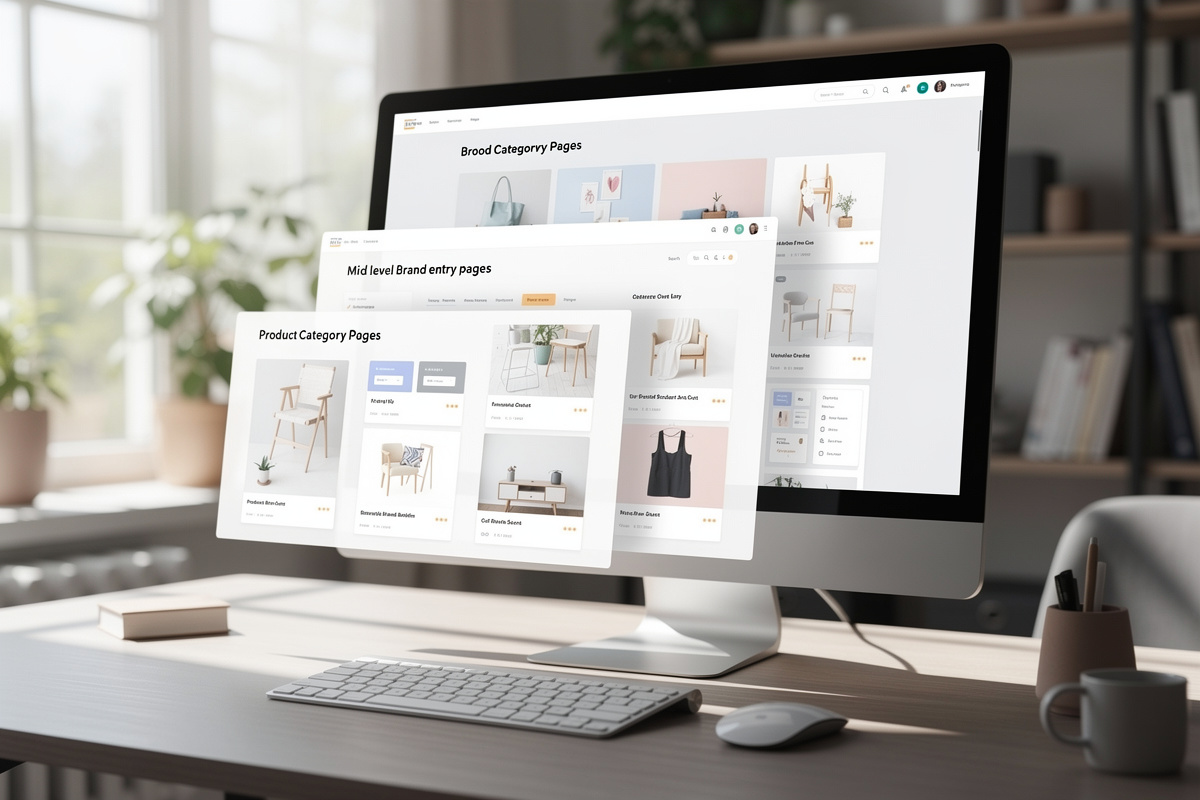 Hiérarchie SEO d’un site marchand avec pages catégories, pages marques e-commerce et fiches produit