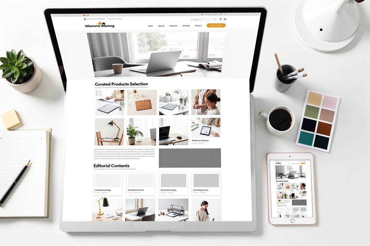 Maquette de page marque e-commerce avec intro courte, sélection de produits et contenu éditorial