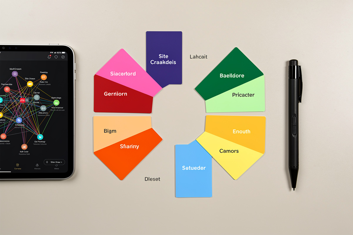 Checklist d'audit SEO technique structurée en sept axes représentés par des cartes colorées organisées