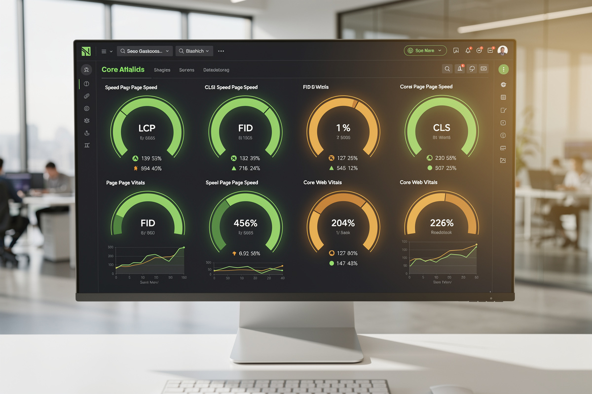 Tableau de bord des Core Web Vitals affichant les métriques LCP, CLS et INP pour l'optimisation des performances