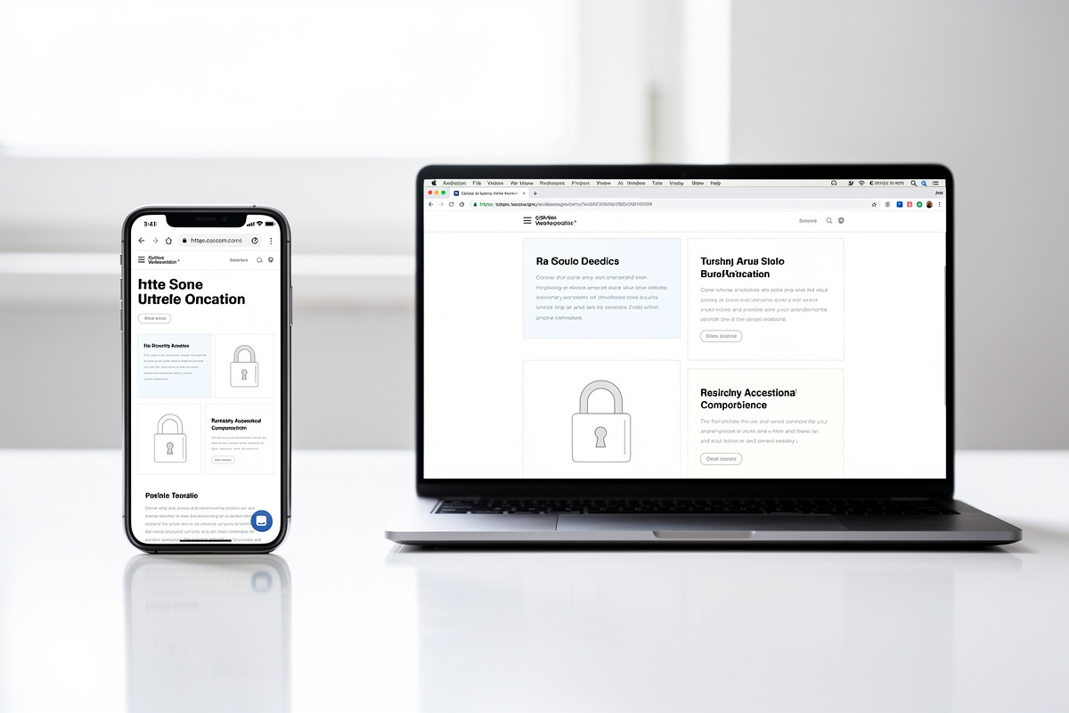 Smartphone et ordinateur affichant un site responsive avec sécurité HTTPS, illustrant le mobile-first en SEO technique