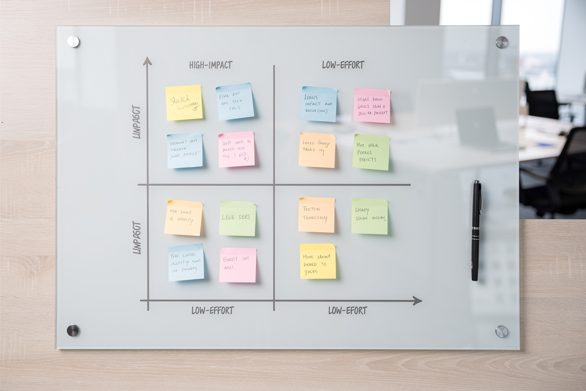 Matrice de priorisation impact-effort sur tableau blanc pour organiser les corrections d'un audit SEO technique